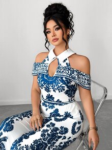 Elenzga Women's Plus Size Spring/Summer Vintage Elegant Luxury Collared Cold Shoulder Cinched Waist Wide Leg Jumpsuit, Elastic Knit All White Paisley Print - Blue and White - View 7