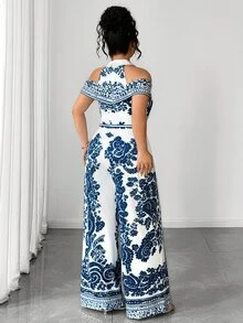 Elenzga Women's Plus Size Spring/Summer Vintage Elegant Luxury Collared Cold Shoulder Cinched Waist Wide Leg Jumpsuit, Elastic Knit All White Paisley Print - Blue and White - View 8