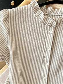 Franclia Women's Casual Daily Comfortable Bubble Striped Puff Sleeve Blouse, Korean Style Striped Shirt For Everyday Wear And Layering - Khaki - View 3