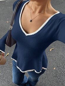 Autumina 女款拼色V領長袖時尚休閒針織衫 - 彩色 - 查看 3