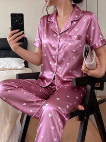 Dream Adore Heart Print Contrast Piping Satin Blouse & Pants PJ Set / Pajama Set - Mauve Purple - View 1