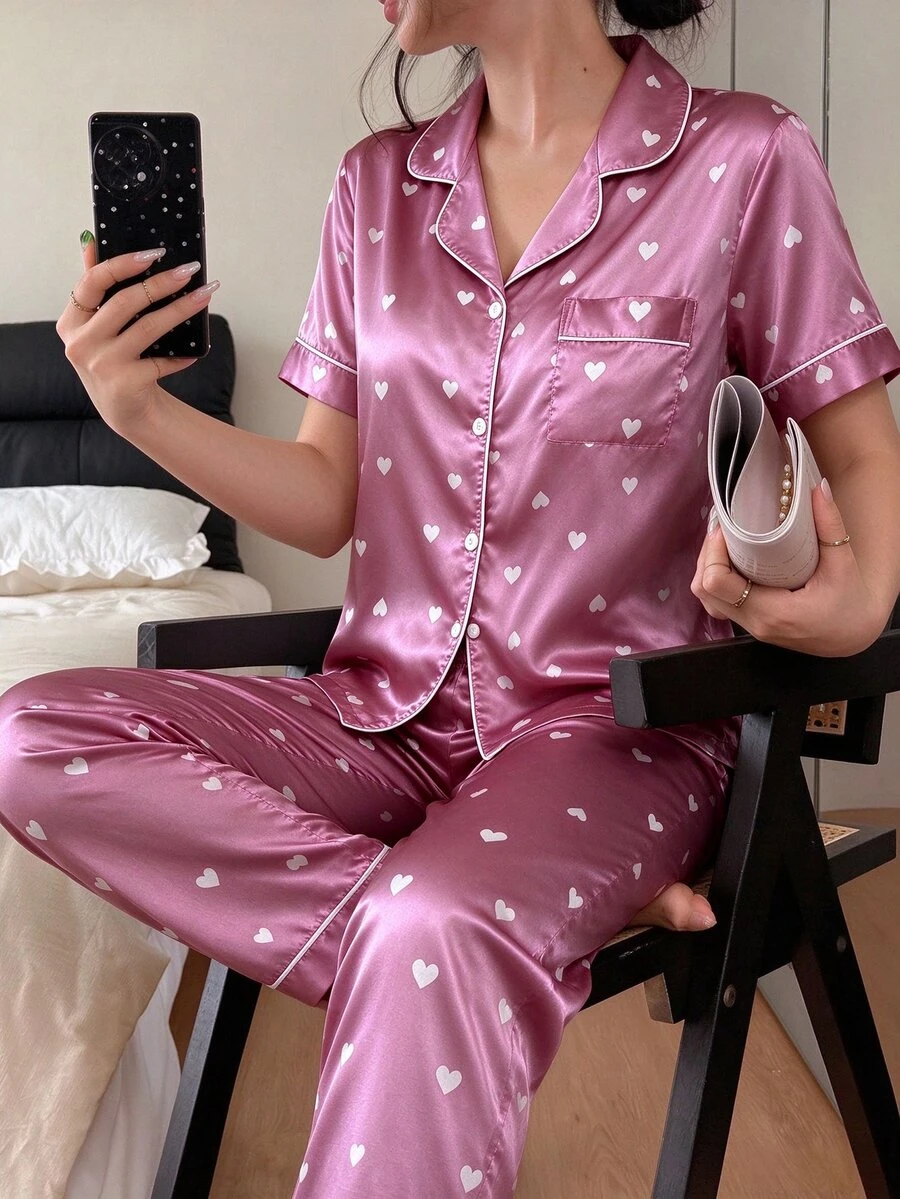 Dream Adore Heart Print Contrast Piping Satin Blouse & Pants PJ Set / Pajama Set - Mauve Purple - View 1