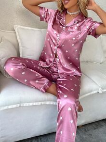 Dream Adore Heart Print Contrast Piping Satin Blouse & Pants PJ Set / Pajama Set - Mauve Purple - View 6