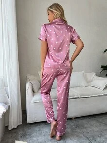 Dream Adore Heart Print Contrast Piping Satin Blouse & Pants PJ Set / Pajama Set - Mauve Purple - View 2