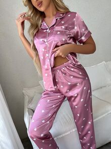 Dream Adore Heart Print Contrast Piping Satin Blouse & Pants PJ Set / Pajama Set - Mauve Purple - View 3