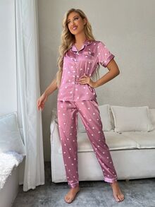 Dream Adore Heart Print Contrast Piping Satin Blouse & Pants PJ Set / Pajama Set - Mauve Purple - View 7