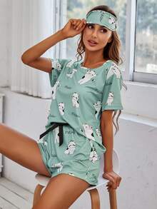 SHEIN Casual Underwear&Sleepwear Cartoon And Letter Graphic Top & Knot Waist Shorts PJ Set / Pajama Set - Multicolor - View 3