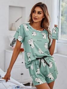 SHEIN Casual Underwear&Sleepwear Cartoon And Letter Graphic Top & Knot Waist Shorts PJ Set / Pajama Set - Multicolor - View 5