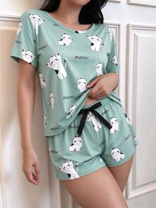 SHEIN Casual Underwear&Sleepwear Cartoon And Letter Graphic Top & Knot Waist Shorts PJ Set / Pajama Set - Multicolor - View 1