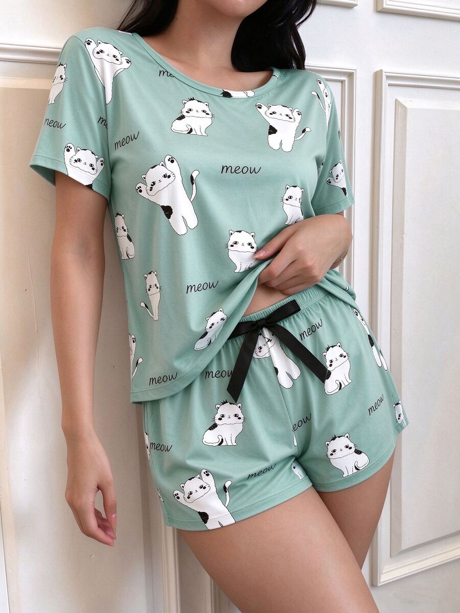 SHEIN Casual Underwear&Sleepwear Cartoon And Letter Graphic Top & Knot Waist Shorts PJ Set / Pajama Set - Multicolor - View 1