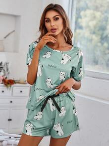 SHEIN Casual Underwear&Sleepwear Cartoon And Letter Graphic Top & Knot Waist Shorts PJ Set / Pajama Set - Multicolor - View 4