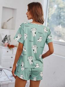 SHEIN Casual Underwear&Sleepwear Cartoon And Letter Graphic Top & Knot Waist Shorts PJ Set / Pajama Set - Multicolor - View 2