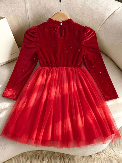 1pc Girls Autumn/Winter Back To School Christmas New Year Bright Red Sweet Luxury Moderate Thick Velvet Dress, Pearl High Neck Puff Long Sleeves, Pearl Bow Decor, Tulle A-Line Full Skirt, Birthday Party, Stage Performance, Wedding Flower Girl, New Year Photo Shoot Festive Princess Dress