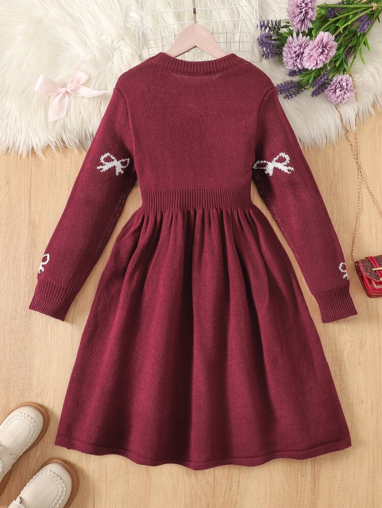 SHEIN Tween Girls Sweater Dresses Bow Embroidery Burgundy Elegant Autumn/Winter Kids - Burgundy - View 3