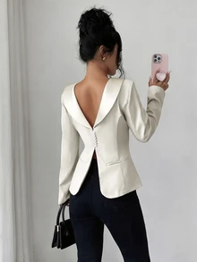 Elenzga 女款白色西裝外套，深V領、後開衩、大翻領設計，優雅風格，秋季 - 米色 - 查看 2