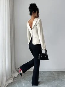 Elenzga 女款白色西裝外套，深V領、後開衩、大翻領設計，優雅風格，秋季 - 米色 - 查看 5