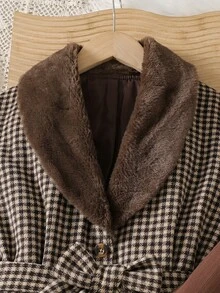 SHEIN 女童三件套：毛呢外套配毛領，內搭底層與裙子 - 咖啡棕 - 查看 3