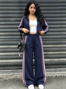 SHEIN Tween Girls Autumn Outfits 3pcs/Set Round Neck Hoodie Sweatshirt, Long Sleeve Open Front Short Jacket, Navy Blue Camisole Tank Top School Student - Navy Blue - View 9