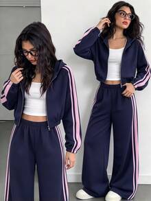 SHEIN Tween Girls Autumn Outfits 3pcs/Set Round Neck Hoodie Sweatshirt, Long Sleeve Open Front Short Jacket, Navy Blue Camisole Tank Top School Student - Navy Blue - View 2