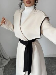 Elenzga 1pc Contrast Binding Waterfall Collar Belted Overcoat - White - View 6