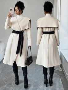 Elenzga 1pc Contrast Binding Waterfall Collar Belted Overcoat - White - View 3