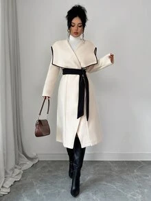 Elenzga 1pc Contrast Binding Waterfall Collar Belted Overcoat - White - View 8