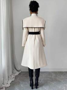 Elenzga 1pc Contrast Binding Waterfall Collar Belted Overcoat - White - View 2