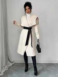 Elenzga 1pc Contrast Binding Waterfall Collar Belted Overcoat - White - View 7