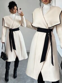 Elenzga 1pc Contrast Binding Waterfall Collar Belted Overcoat - White - View 1
