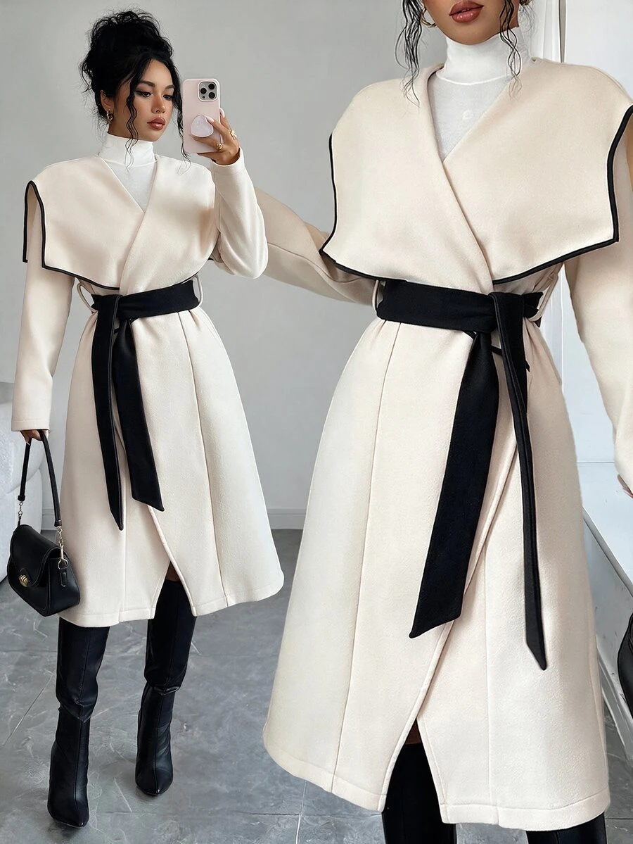 Elenzga 1pc Contrast Binding Waterfall Collar Belted Overcoat - White - View 1