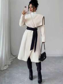 Elenzga 1pc Contrast Binding Waterfall Collar Belted Overcoat - White - View 4