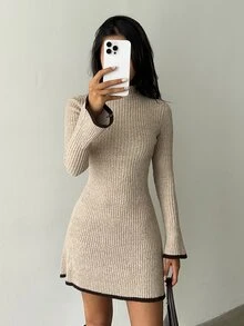Siren Gaze 女款秋季新款對比飾邊立領針織洋裝，休閒端莊簡約優雅，適合日常、早午餐、約會，淺米色，秋冬款 - 杏色 - 查看 4