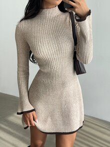 Siren Gaze 女款秋季新款對比飾邊立領針織洋裝，休閒端莊簡約優雅，適合日常、早午餐、約會，淺米色，秋冬款 - 杏色 - 查看 6