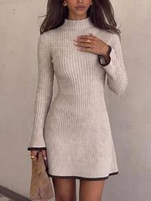 Siren Gaze 女款秋季新款對比飾邊立領針織洋裝，休閒端莊簡約優雅，適合日常、早午餐、約會，淺米色，秋冬款 - 杏色 - 查看 8