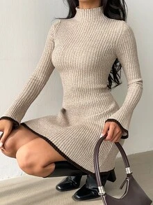 Siren Gaze 女款秋季新款對比飾邊立領針織洋裝，休閒端莊簡約優雅，適合日常、早午餐、約會，淺米色，秋冬款 - 杏色 - 查看 5