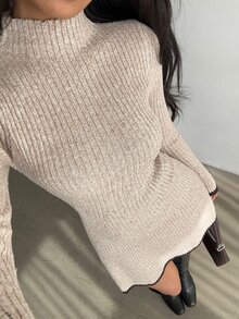 Siren Gaze 女款秋季新款對比飾邊立領針織洋裝，休閒端莊簡約優雅，適合日常、早午餐、約會，淺米色，秋冬款 - 杏色 - 查看 9