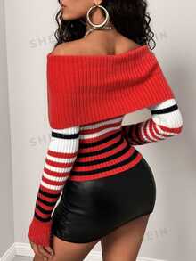 BamGleam Women Fall Winter New OffShoulder Striped Knit Pullover, Long Sleeve Slim Fit Casual Versatile Knit Sweater - Red - View 3