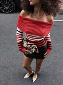 BamGleam Women Fall Winter New OffShoulder Striped Knit Pullover, Long Sleeve Slim Fit Casual Versatile Knit Sweater - Red - View 2