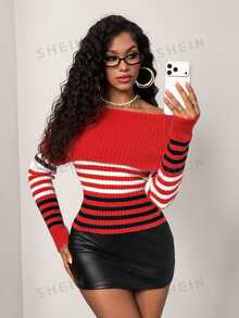 BamGleam Women Fall Winter New OffShoulder Striped Knit Pullover, Long Sleeve Slim Fit Casual Versatile Knit Sweater - Red - View 7