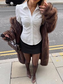 Siren Gaze Women's Fall/ Casual Elegant Office Work Business Commute Colorblock Black And White Striped Print Ruched Chest Fitted Long Sleeve Blouse - White - View 8