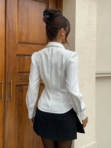 Siren Gaze Women's Fall/ Casual Elegant Office Work Business Commute Colorblock Black And White Striped Print Ruched Chest Fitted Long Sleeve Blouse - White - View 2