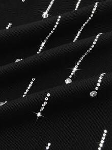 GlowEve Women's Fitted Knit T-Shirt, Round Neck Design, Long Sleeve Style, Decorated With Shiny Rhinestones, Casual Basic Style, Suitable For Daily Wear - Black - View 3
