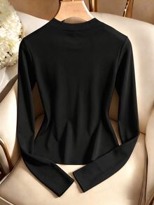 GlowEve Women's Fitted Knit T-Shirt, Round Neck Design, Long Sleeve Style, Decorated With Shiny Rhinestones, Casual Basic Style, Suitable For Daily Wear - Black - View 2