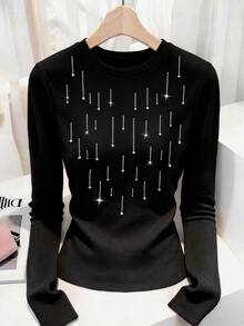 GlowEve Women's Fitted Knit T-Shirt, Round Neck Design, Long Sleeve Style, Decorated With Shiny Rhinestones, Casual Basic Style, Suitable For Daily Wear - Black - View 1