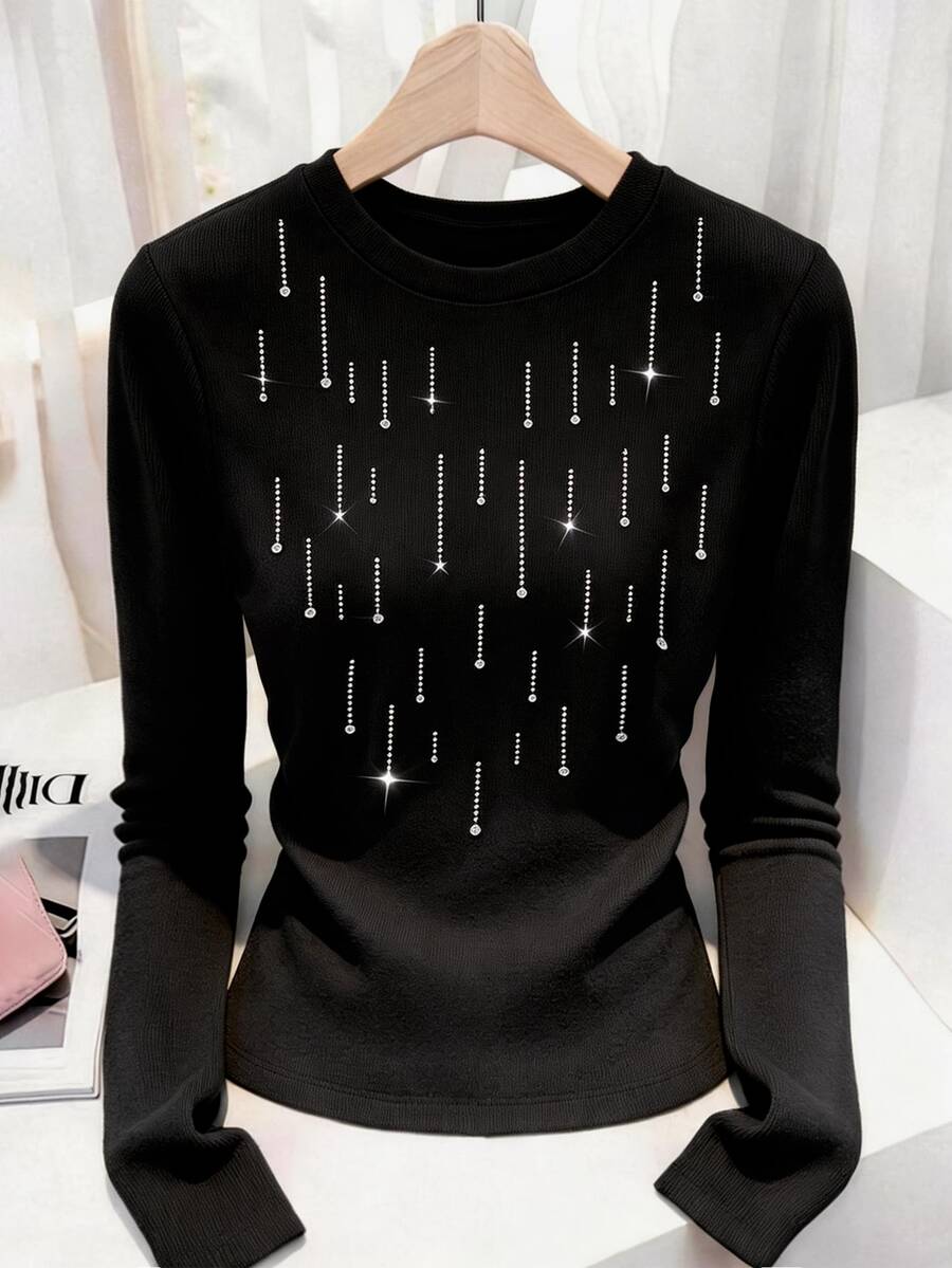 GlowEve Women's Fitted Knit T-Shirt, Round Neck Design, Long Sleeve Style, Decorated With Shiny Rhinestones, Casual Basic Style, Suitable For Daily Wear - Black - View 1