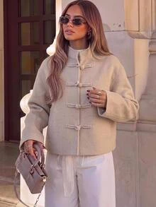 Siren Gaze New Fall Chinese Style Overcoat For Women Dinner Everyday Night Beige Elegant Office - Apricot - View 15