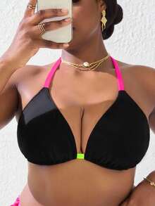 SHEIN Swim Curve 大碼吊脖三角杯比基尼上衣 - 黑色 - 查看 5