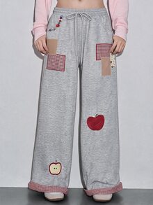 ROMWE Y2K Millennium Retro Plaid Apple Patch Embroidery Loose Casual Low Waist Women's Sweatpants - Grey - View 1