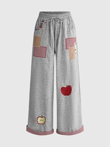ROMWE Y2K Millennium Retro Plaid Apple Patch Embroidery Loose Casual Low Waist Women's Sweatpants - Grey - View 6