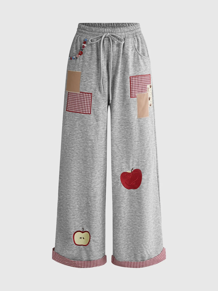 ROMWE Y2K Millennium Retro Plaid Apple Patch Embroidery Loose Casual Low Waist Women's Sweatpants - Grey - View 1